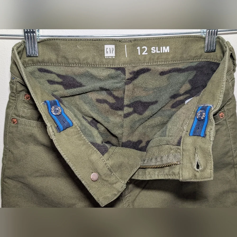 Gap Kids Boys 12 Slim Fit Jeans Green Camo Fleece Lined Cotton Pants